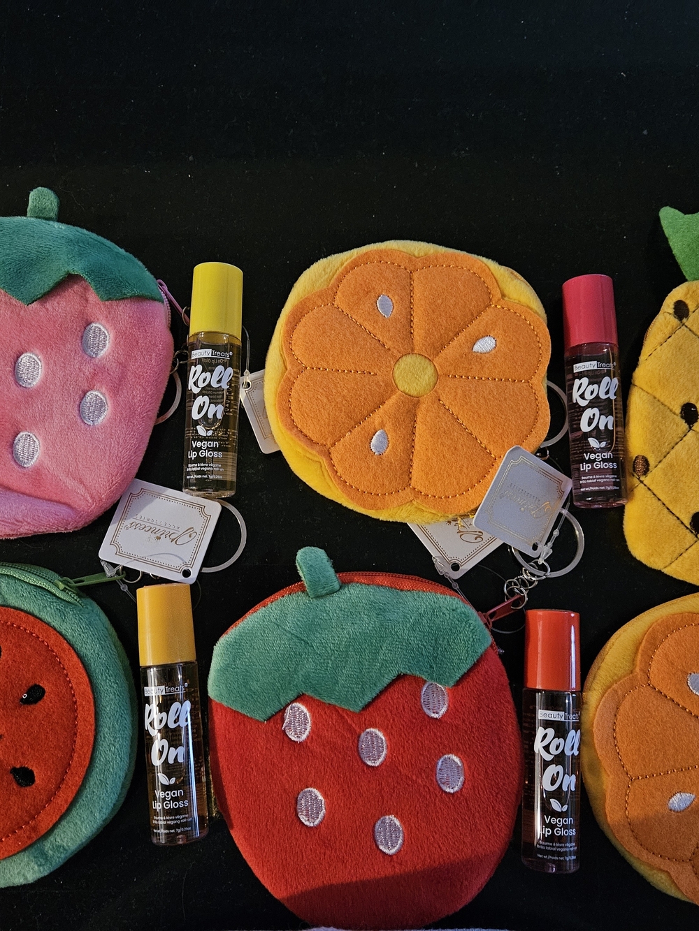 Plush Fruit Coin Pouch Keyring - Orange & Red With Fruit Lip Gloss SET OF 6